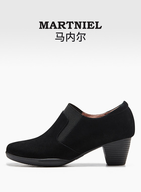 马内尔2025新款冬季真皮方头粗跟靴子黑色高跟鞋短靴裸靴女时装靴
