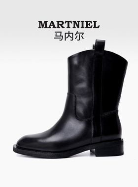 马内尔真皮粗跟中筒靴女黑色骑士靴美拉德风时装靴2025新款短靴