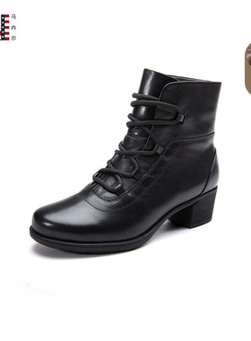 马内尔粗跟短靴冬季新款黑色休闲防寒保暖加绒中跟粗跟女鞋G19212