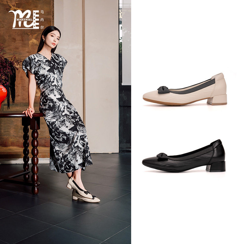 马内尔黑色凤蝶单鞋女粗低跟舒适通勤鞋气质不累脚职业鞋G251031
