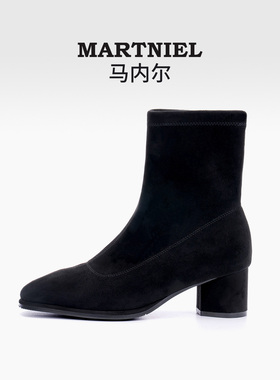 马内尔2025新早秋靴子黑色粗跟高跟配裙子短靴弹力靴瘦瘦靴马丁靴
