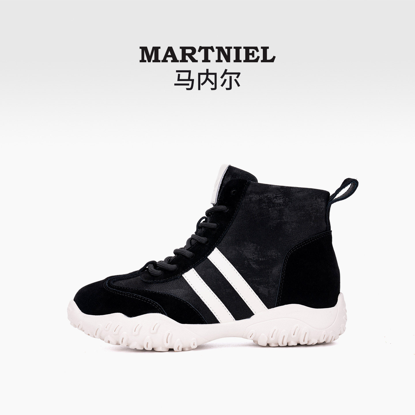 MARTNIEL马内尔牛皮复古高帮德训鞋女黑色系带拼色运动鞋休闲鞋