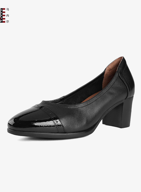 马内尔单鞋女夏季新款黑色浅口一脚蹬简约高跟粗跟小皮鞋女G25271