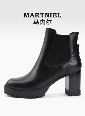 马内尔真皮短靴女秋冬洋气瘦瘦靴黑色粗跟法式松紧口靴子G29261