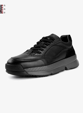 马内尔商场同款休闲鞋早春新款黑色羊皮圆头厚底系带男鞋M22011