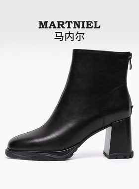 马内尔真皮短靴女2025冬季新款加绒保暖高跟不磨脚马丁靴时尚百搭