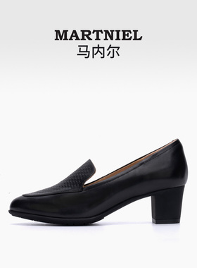 马内尔2025新款羊皮浅口单鞋黑色舒适一脚蹬粗跟百搭小皮鞋女