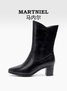 马内尔冬季新款黑色侧拉链法式英伦风粗跟高跟女靴子骑士靴马丁靴