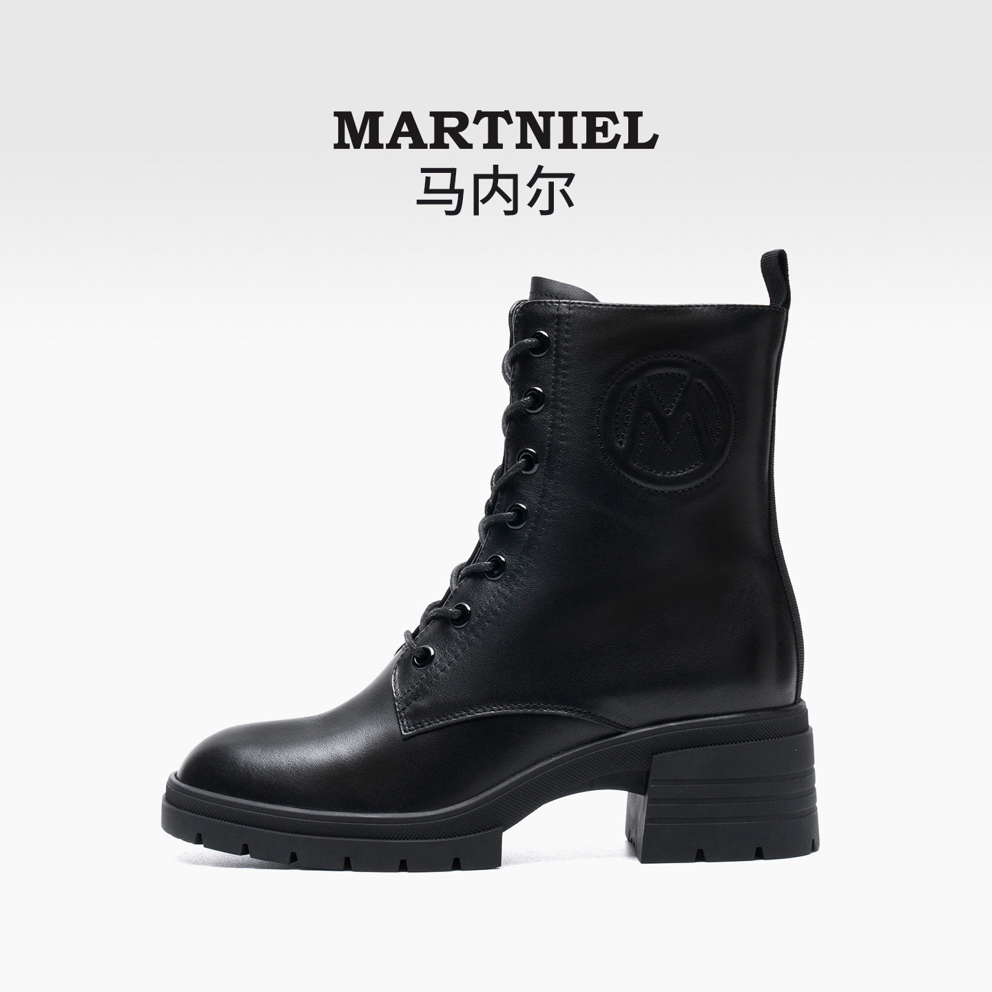 马内尔2025女款冬加厚高跟牛皮时尚马丁靴粗跟厚底短靴子英伦风女