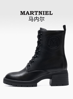 马内尔2025女款冬加厚高跟牛皮时尚马丁靴粗跟厚底短靴子英伦风女