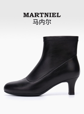 马内尔2025冬季新款女黑色英伦风侧拉链高跟细跟靴子短靴瘦瘦靴