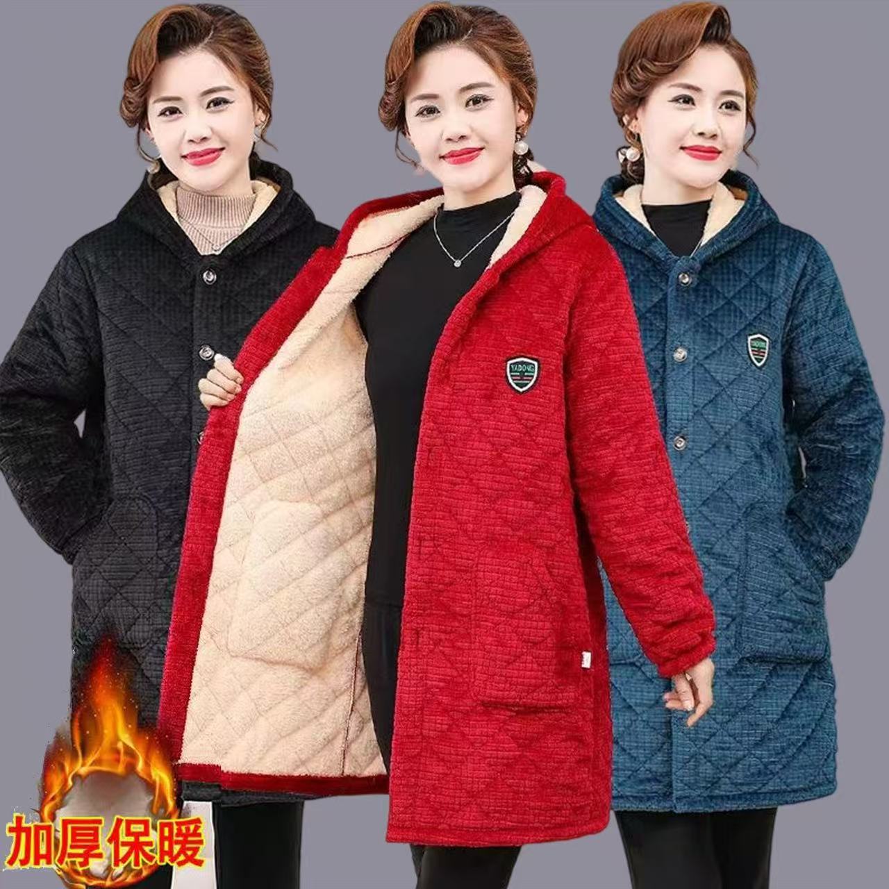 冬季法兰绒加绒加厚罩衣棉服女三层就夹棉保暖家居服防寒棉衣外套