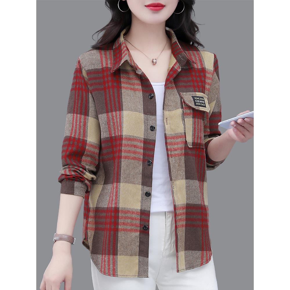 女士纯棉格子衬衫春秋季新款洋气长袖衬衣中年妈妈显瘦显年轻上衣