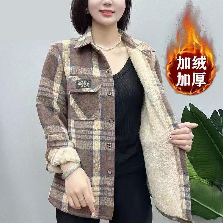 秋冬新款女士保暖衬衫妈妈装秋季外套女加绒加厚衬衣格子厚款上衣