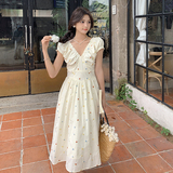 [现货]夏季新款小波点v领泡泡收腰显瘦袖连衣裙B515-P110-K165，女装连衣裙，浙宝193A