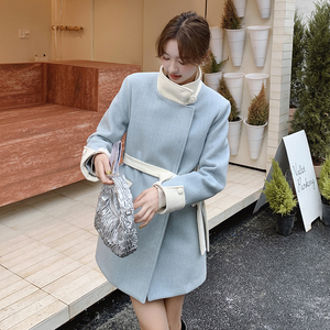 蓝色撞色毛呢外套女冬2025新款高级设计感收腰显瘦中长款呢子大衣图片