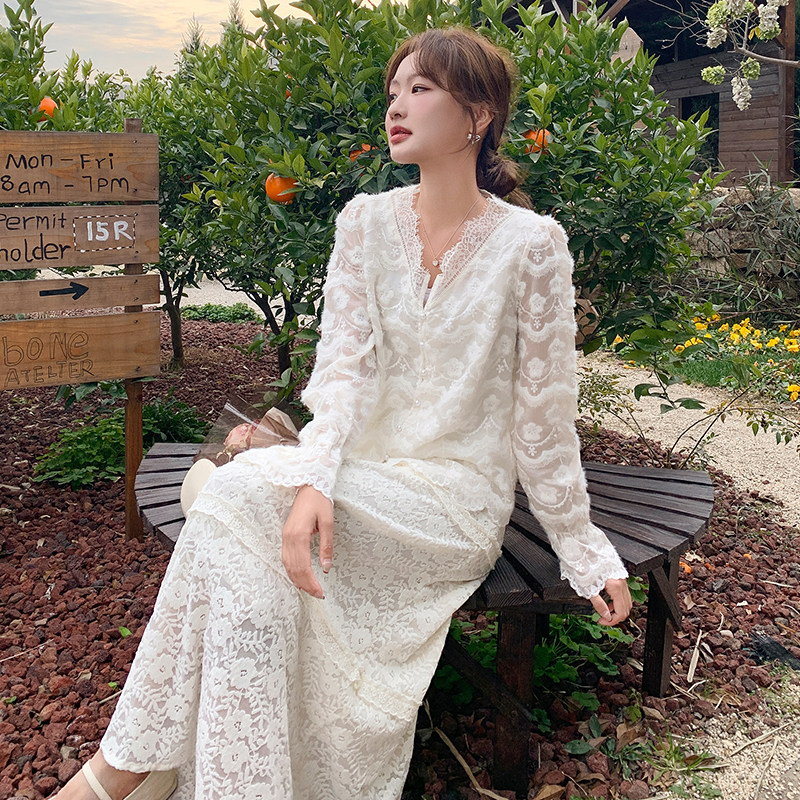 御姐轻熟长袖连衣裙女装2025春秋季新款性感蕾丝V领包臀鱼尾长裙，女装蕾丝衫/雪纺衫，浙宝193A