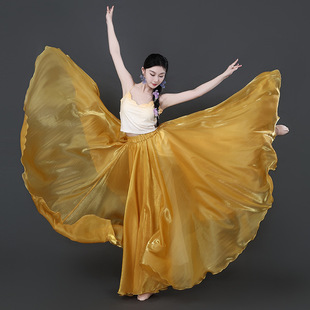 古典舞金色大裙摆720度超大裙摆舞台演出服闪光亮丝舞中国舞裙