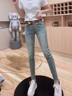 新款 弹力铅笔九分裤 浅色高腰小脚牛仔裤 梨型身材修身 子 女大码 秋季