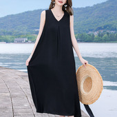 法式 沙滩裙 气质海边度假纯色无袖 高级感棉绸背心连衣裙女夏季 新款