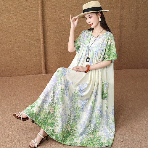 2026新款薄款碎花棉绸连衣裙女夏季宽松A字裙短袖人造棉睡裙女夏