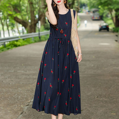 新款夏季薄款宽松大码胖mm妈妈棉绸连衣裙收腰碎花洋气人造棉裙子
