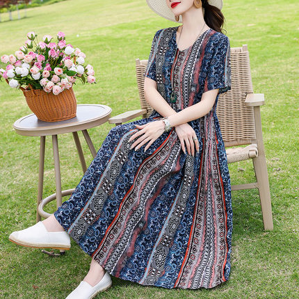 夏季新款棉绸连衣裙女宽松显瘦中老年妈妈大摆裙气质长裙