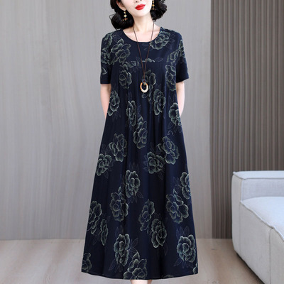 中老年大码碎花棉绸连衣裙女2025夏装新款中年妈妈气质人造棉裙子