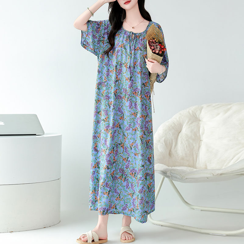 年轻人棉绸外出裙子新款夏季女士短袖薄款人造棉睡裙可外穿家居服