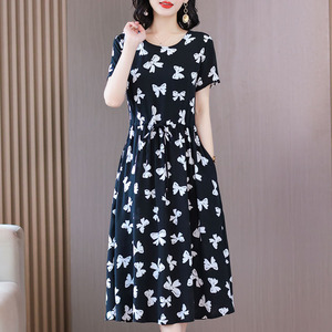 新款高品质中老年棉绸连衣裙女夏季大码妈妈优质人造棉印花长裙子