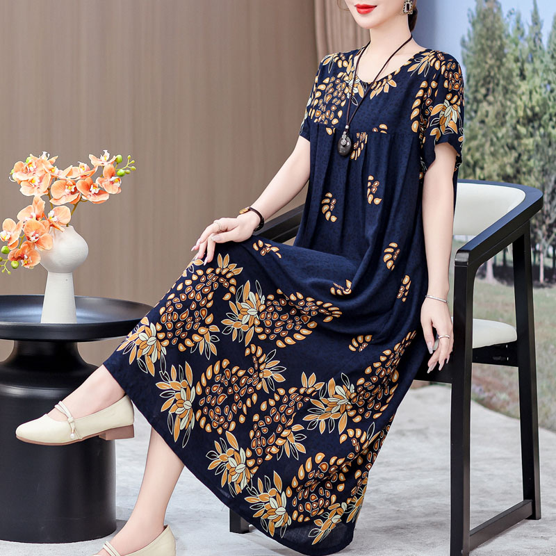 2025新款中老年棉绸连衣裙女夏季女装高贵过膝中年妈妈大摆长裙子