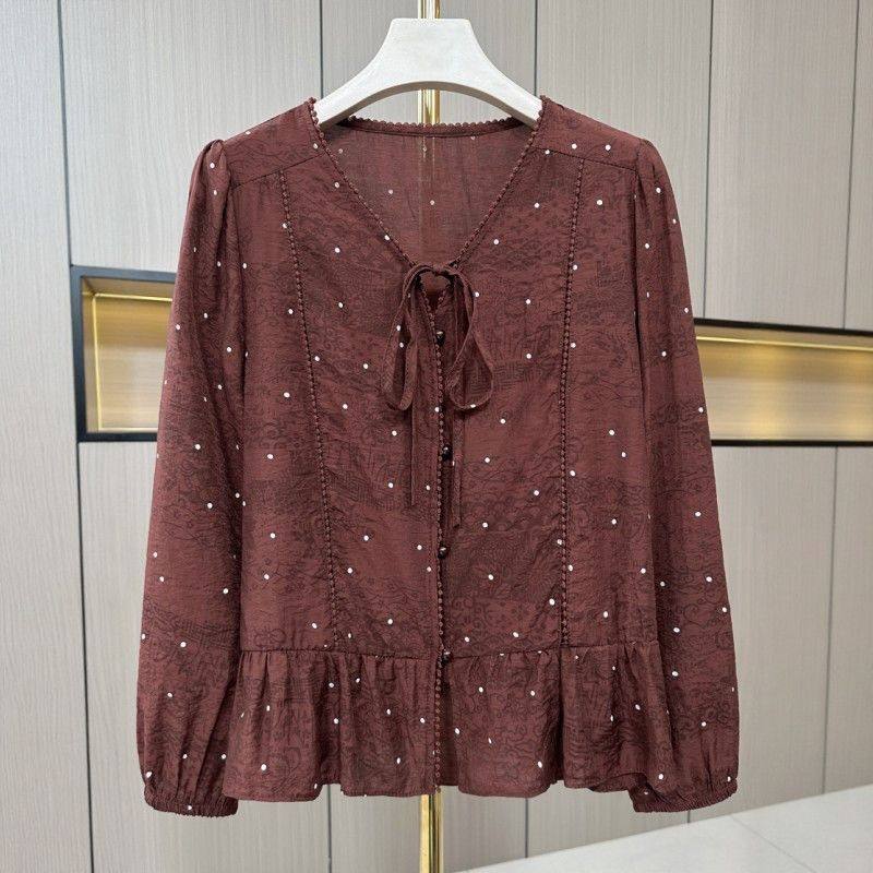 通勤风波点V领开衫长袖衬衫女系带气质减龄洋气上衣遮肉显瘦小衫