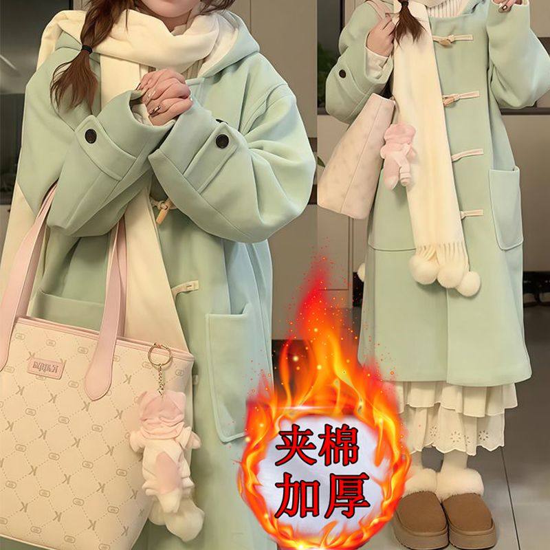 夹棉加厚冬季薄荷绿牛角扣大衣
