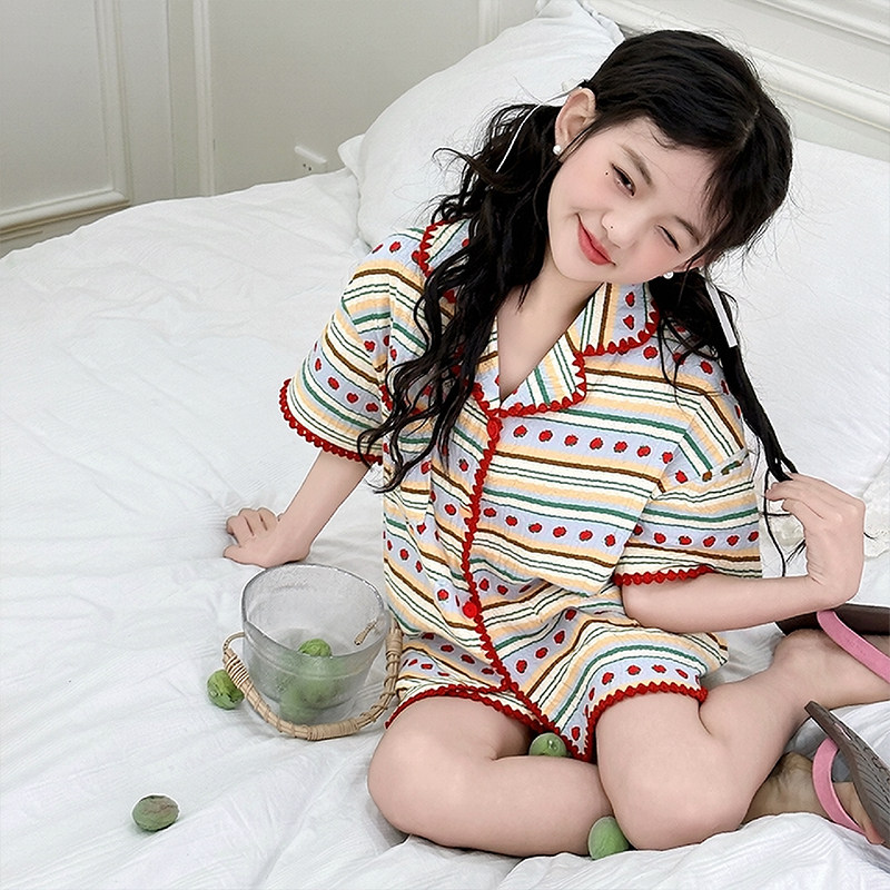 女童睡衣套装夏新款中大儿童薄款短袖家居服凉感纯棉女孩两件套