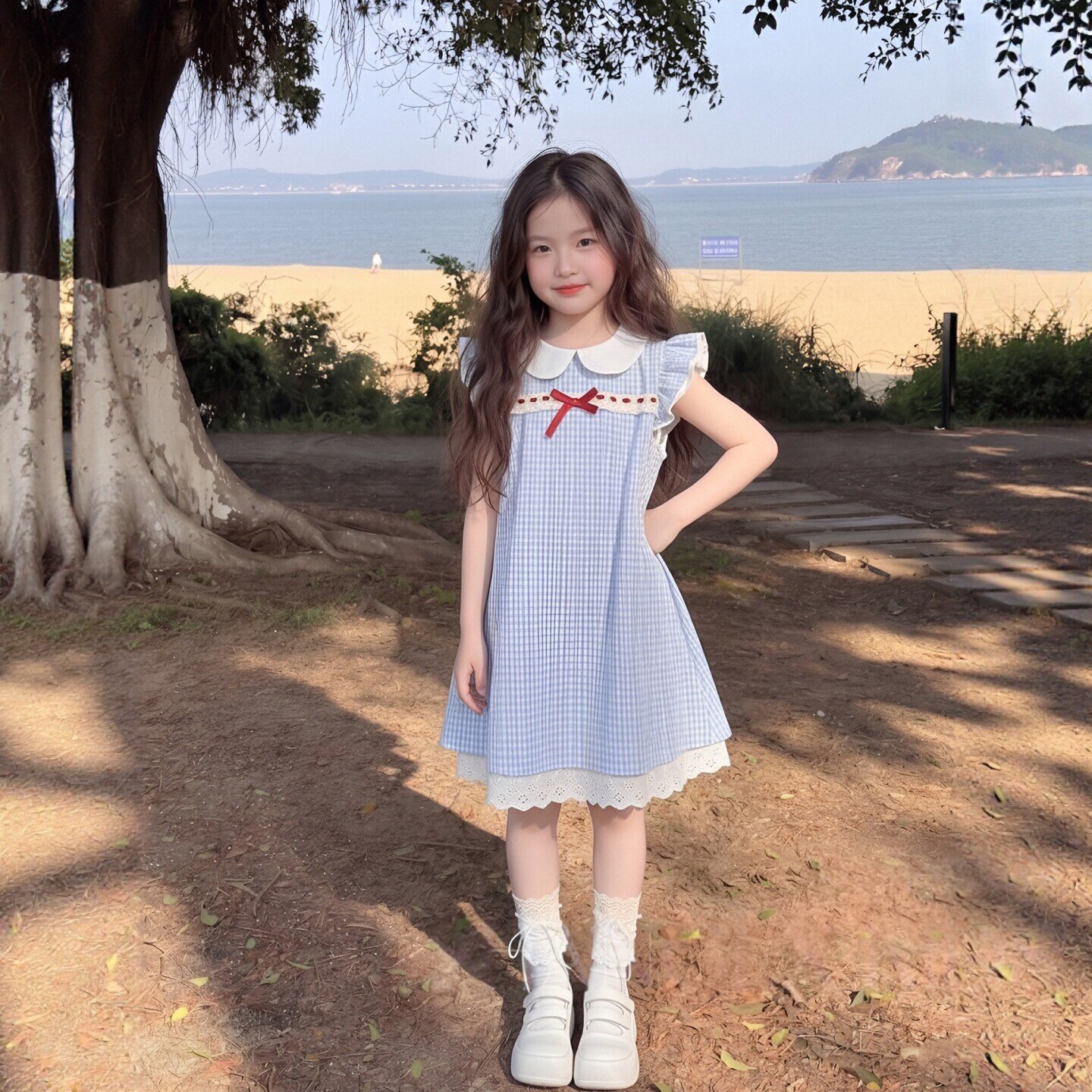 女童短袖连衣裙夏季2026新款女孩娃娃领裙子中大儿童学院风夏装裙