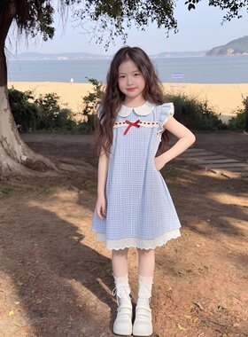 女童短袖连衣裙夏季2026新款女孩娃娃领裙子中大儿童学院风夏装裙