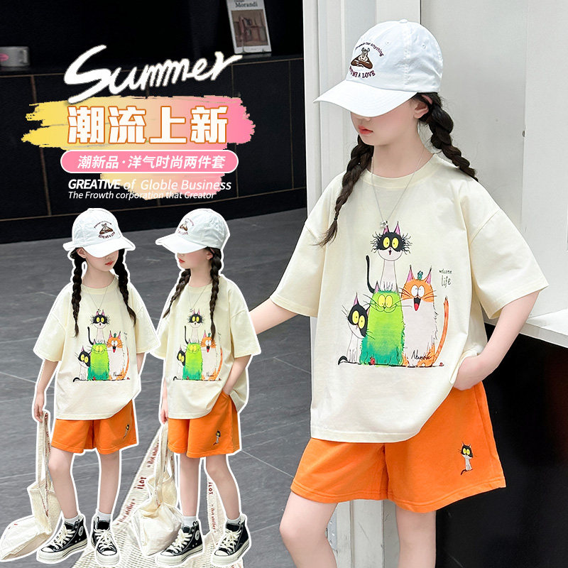 女童T恤夏季新款韩版女孩短袖短裤两件套大童运动套装休闲运动装