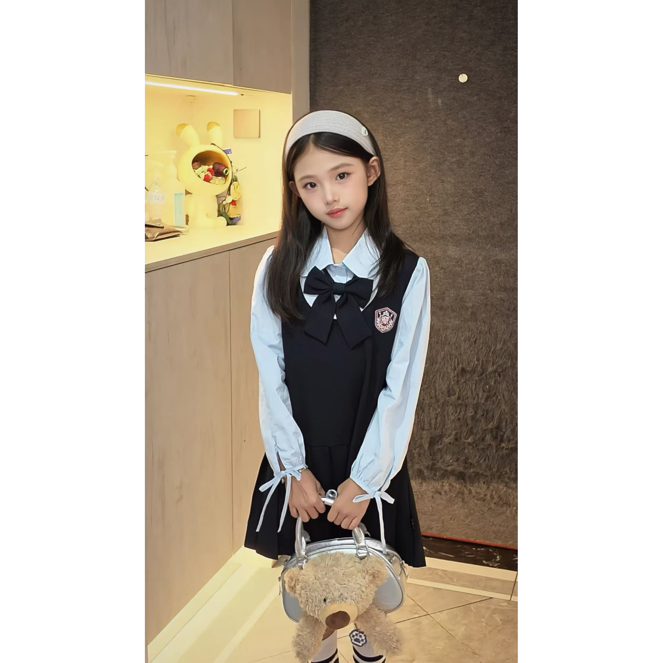 女童学院风套装春秋新款女孩西装外套假两件连衣裙班服团体演出服