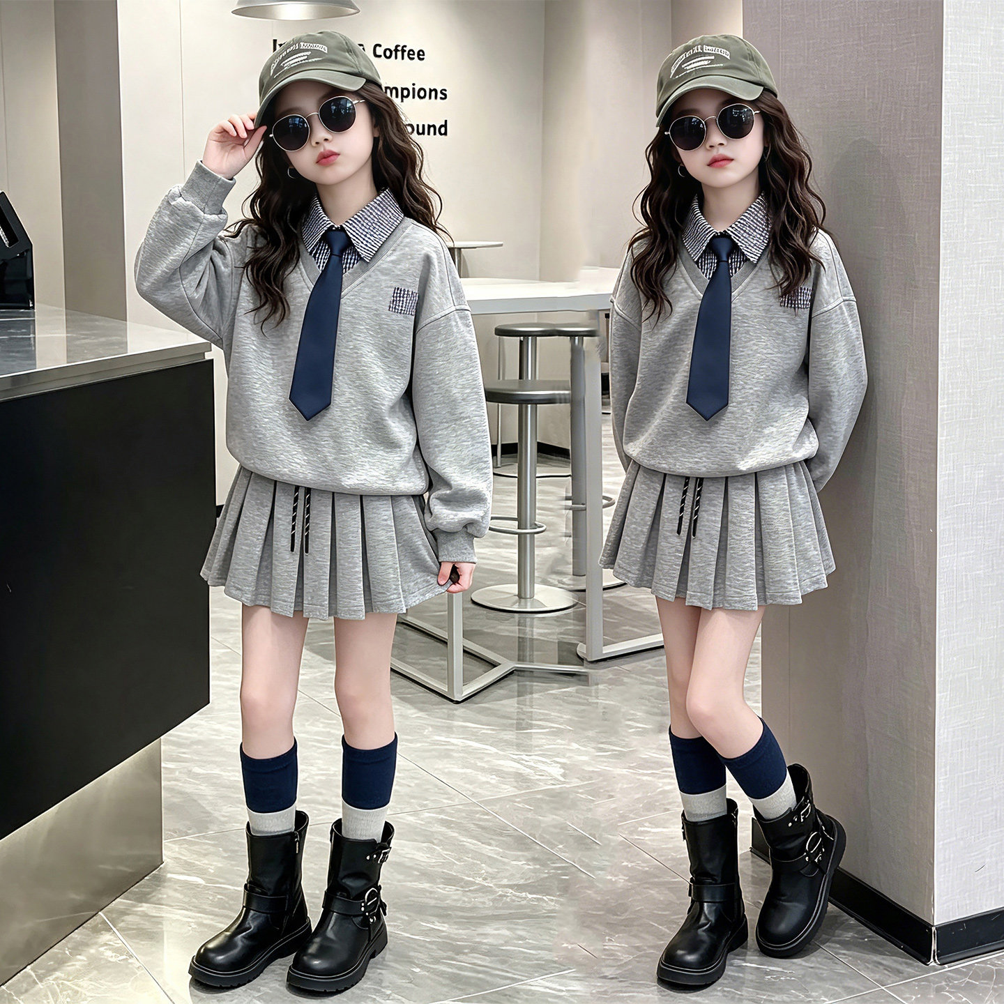 女童秋季学院风海军领卫衣百褶裙两件套2026洋气女孩新款学生秋装