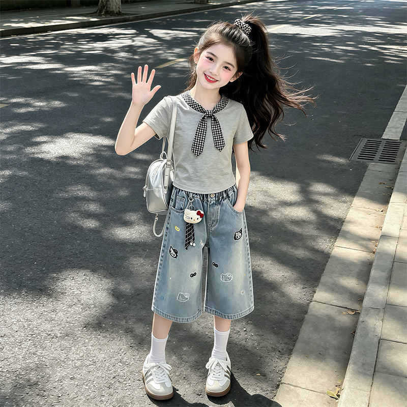 女童T恤套装夏季新款韩版女孩短袖牛仔短裤两件套中大儿童夏装潮t