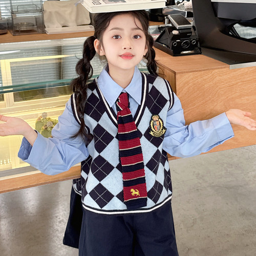 女童园服校服学院风演出服春秋儿童jk马甲衬衫中裤三件套班服