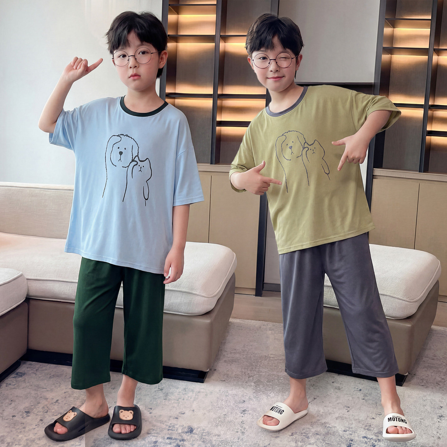 男童睡衣套装夏新款中大儿童薄款短袖家居服凉感莫代尔男孩两件套