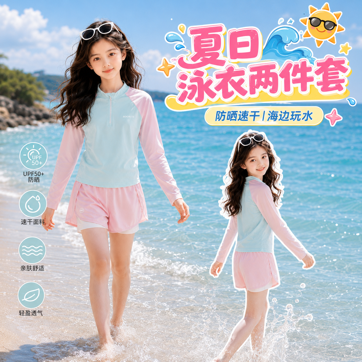 女童分体泳衣套装夏季儿童长袖防晒速干游泳衣女孩泡温泉两件套潮