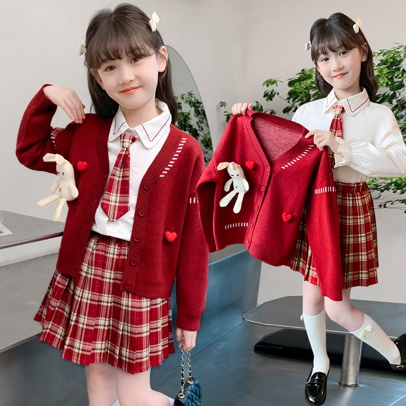 女童学院风JK套装春秋冬季新款女孩衬衫百褶裙毛衣开衫三件套秋装