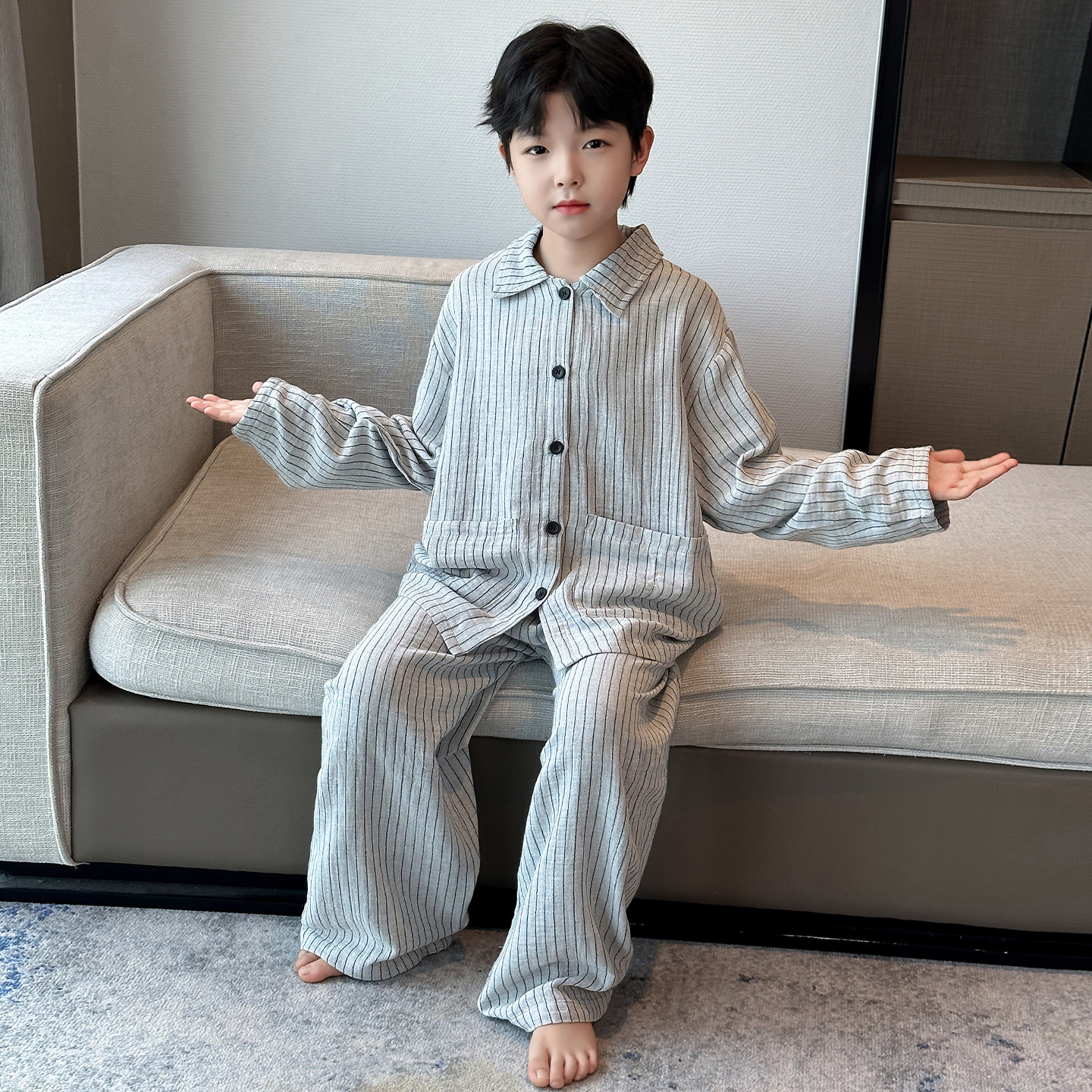 男童睡衣男孩24春秋新款儿童冰丝长袖长裤中大童薄款家居服套装夏