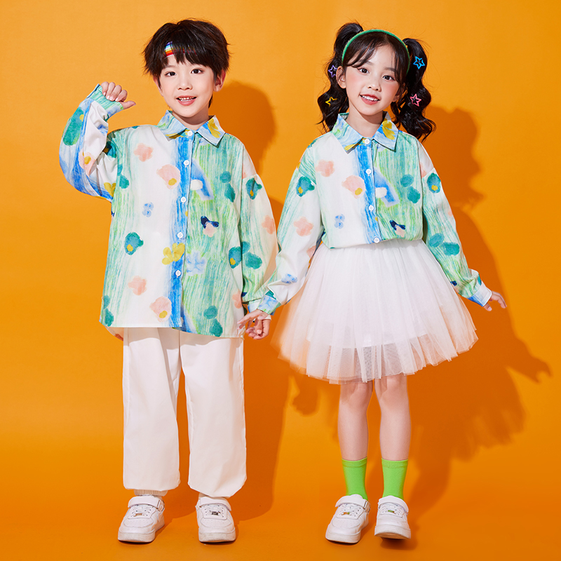 儿童演出服春秋幼儿园国庆合唱服男孩痞帅复古港风花衬衫表演套装