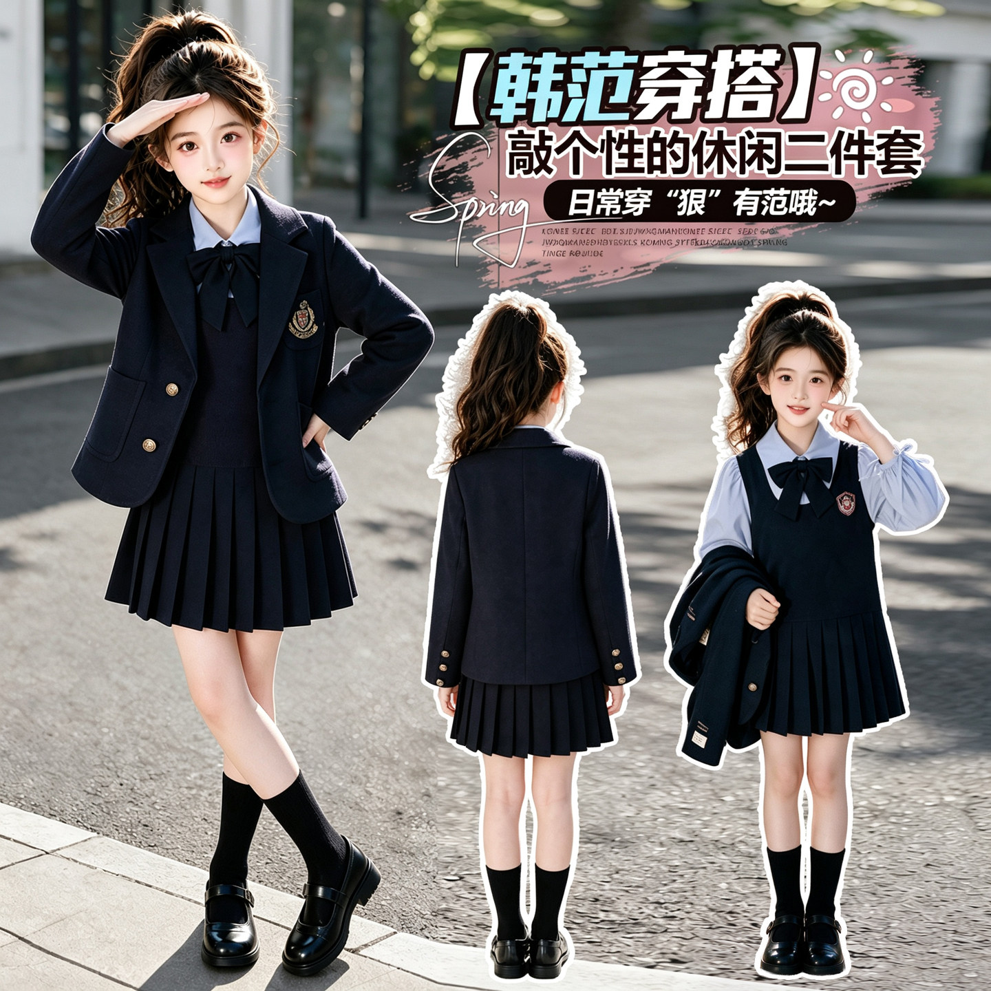 女童学院风套装春秋新款女孩西装外套假两件连衣裙班服团体演出服