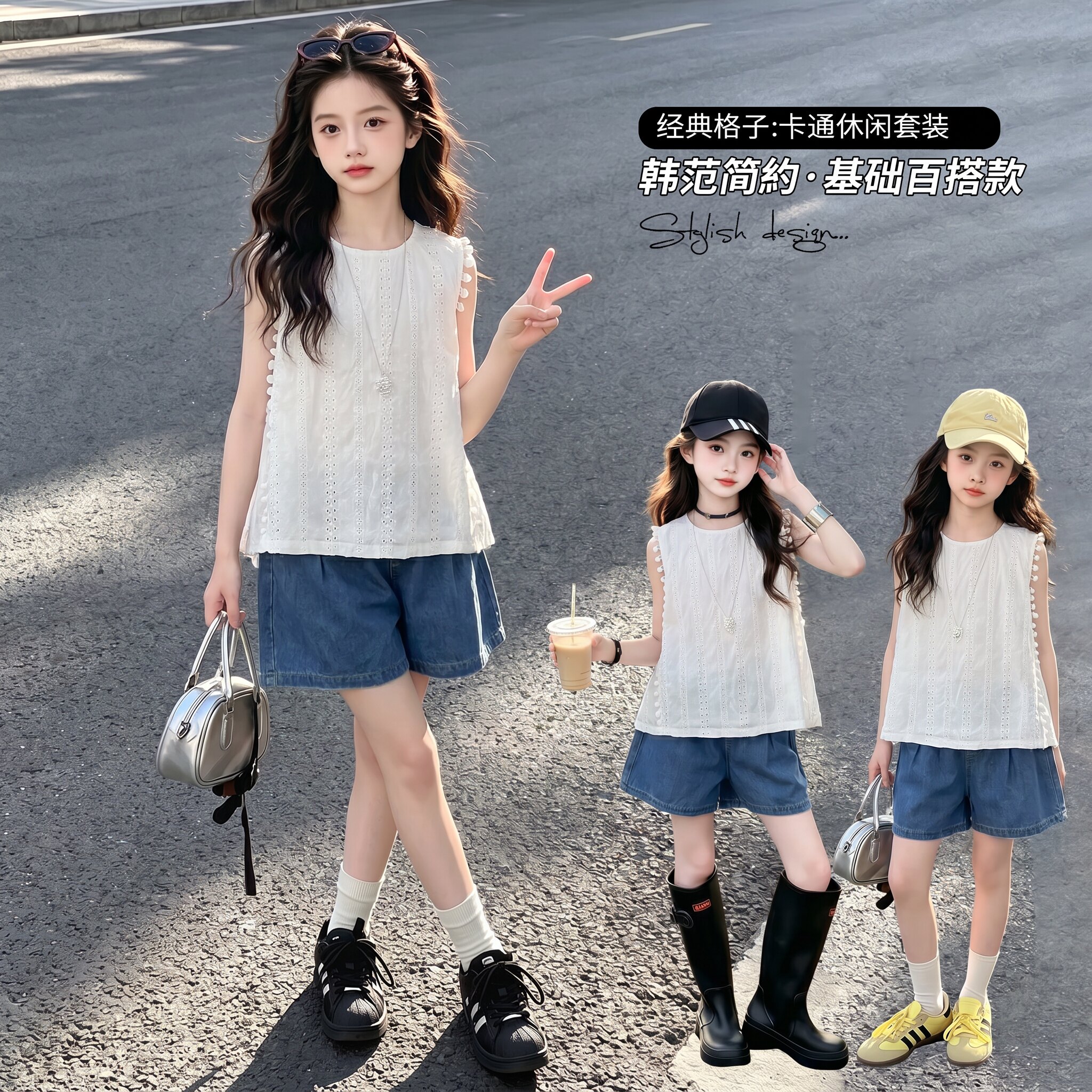 女童无袖套装夏季新款女孩上衣短裤两件套中大儿童韩版洋气夏装潮
