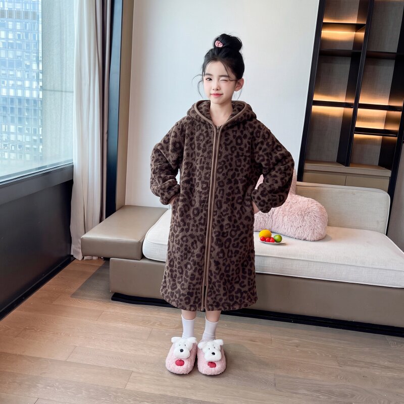 女童加绒保暖睡裙秋季新款儿童加厚家居服睡袍女孩长款睡衣童装潮
