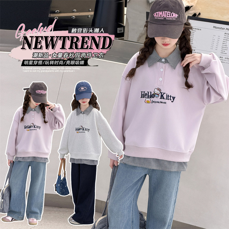 女童假两件卫衣2026春秋新款女孩Polo衫上衣中大儿童长袖打底衣潮